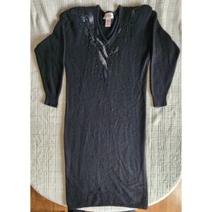 Vintage 80s Raoul Black Beaded Sweater Dress 1X Lambs Wool Angora‎ Nylon